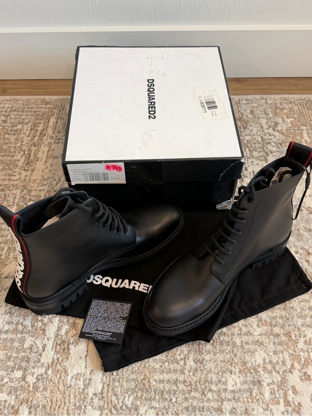 DSQUARED2 Black Leather Lace-Up Combat Boots with Red Heel Tab US MENS 12 EU 45